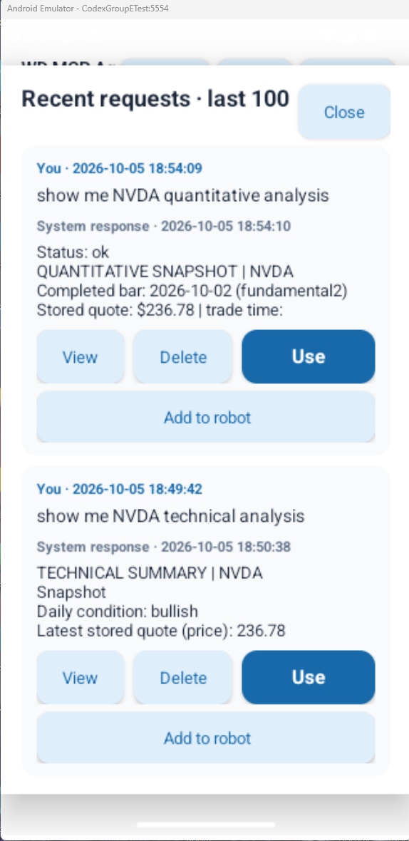 Android Recent requests last 100 History screen with saved NVDA analysis and View, Delete, Use, and Add to robot controls