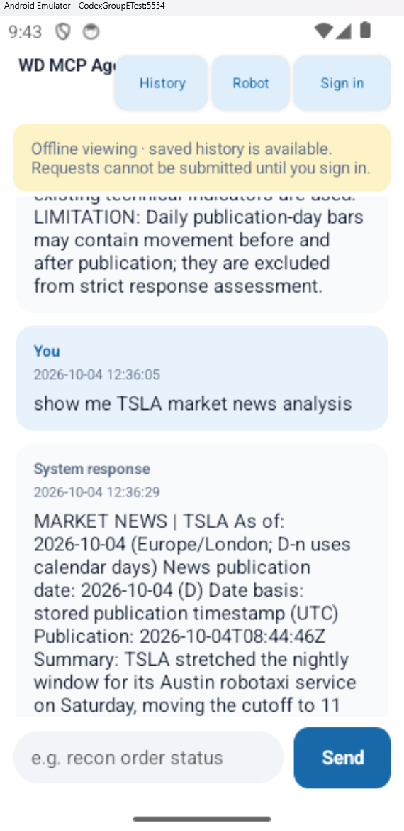 Android offline viewing screen showing a saved TSLA market-news request and response and a notice that new requests require sign-in