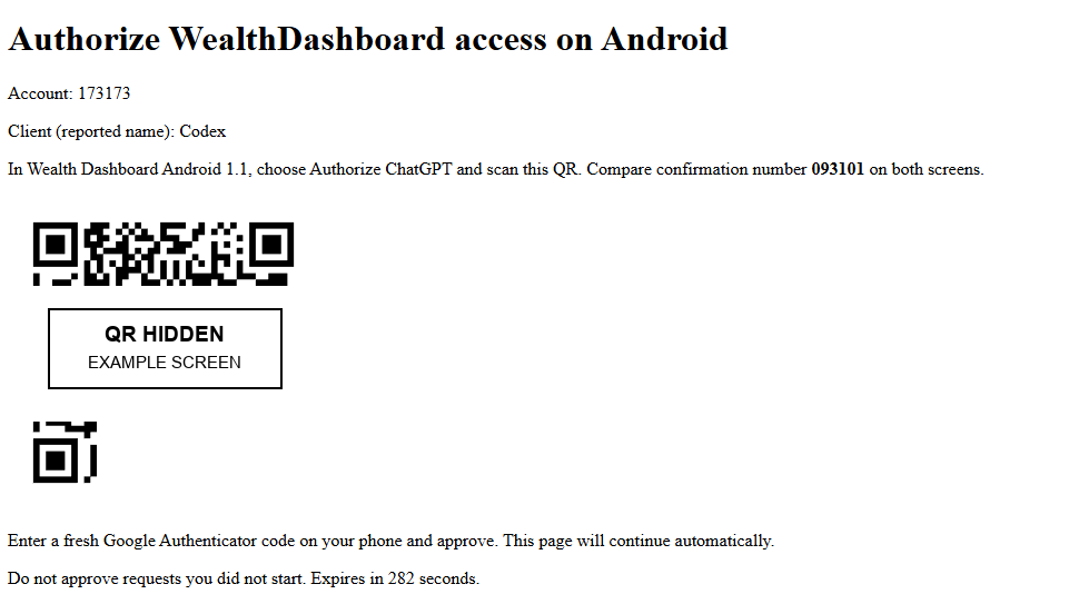 Desktop Android authorization page showing the account, Codex client, confirmation number, QR location and phone approval instructions. QR request data is hidden in this documentation screenshot.